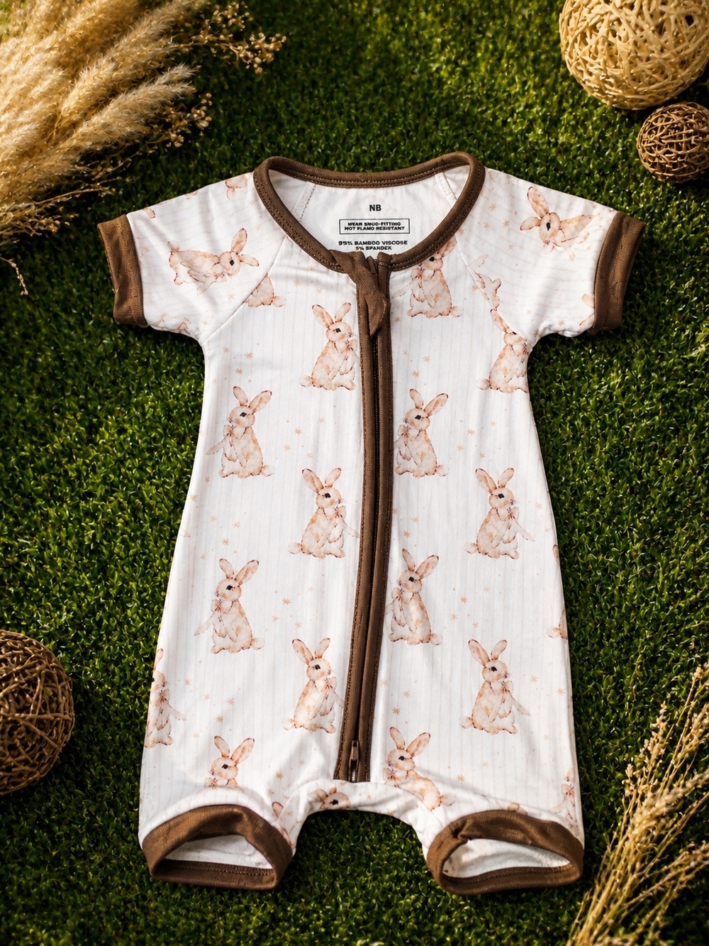 NWOT Bunny Print Bamboo Romper - Brown Trim